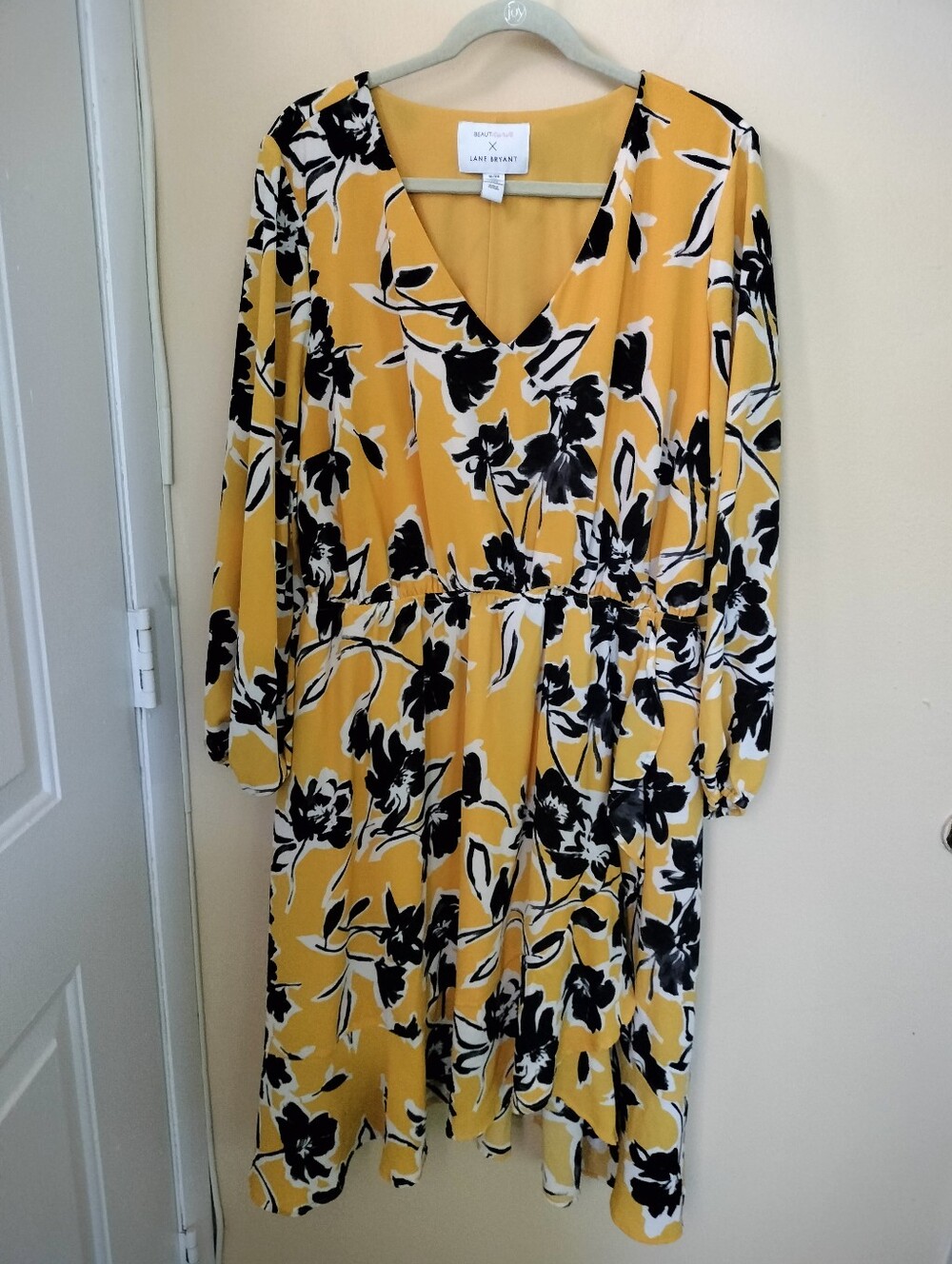 Beauticurve faux wrap yellow black Floral dress pockets  18/20 Office Wedding